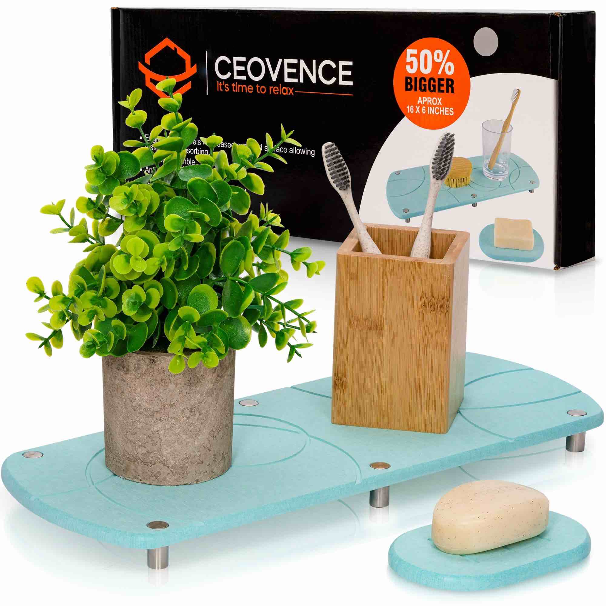 CEOVENCE Fast Drying Stone Sink Tray (16”x6”, Teal)