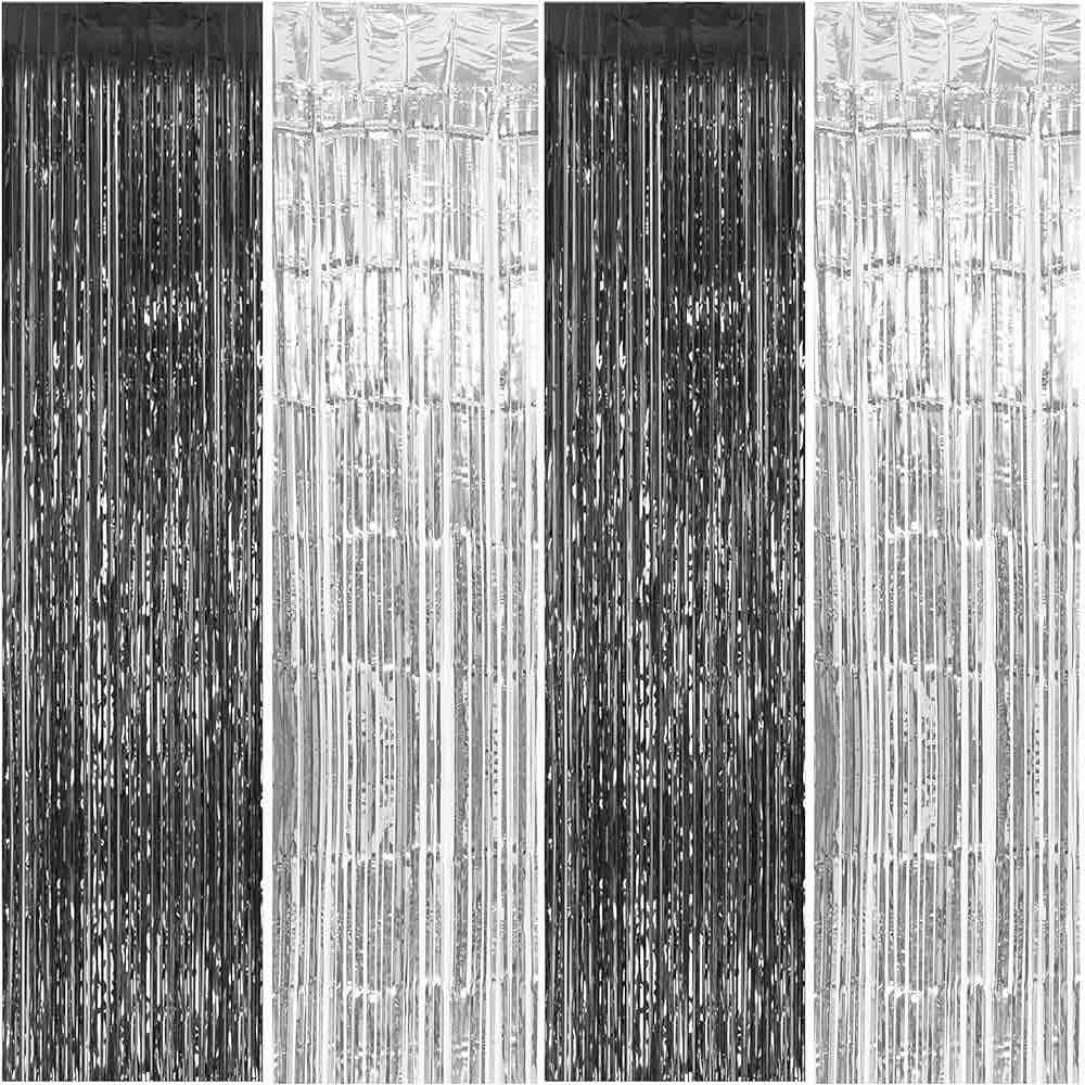 4Packs 2Black and 2Silver Foil Fringe Curtains, 3.2 ft x 8.2 ft Metallic Tinsel Curtains with Adhesive, Photo Backdrop for Birthday, Graduation Party Decorations (Black and Silver, 4pcs)