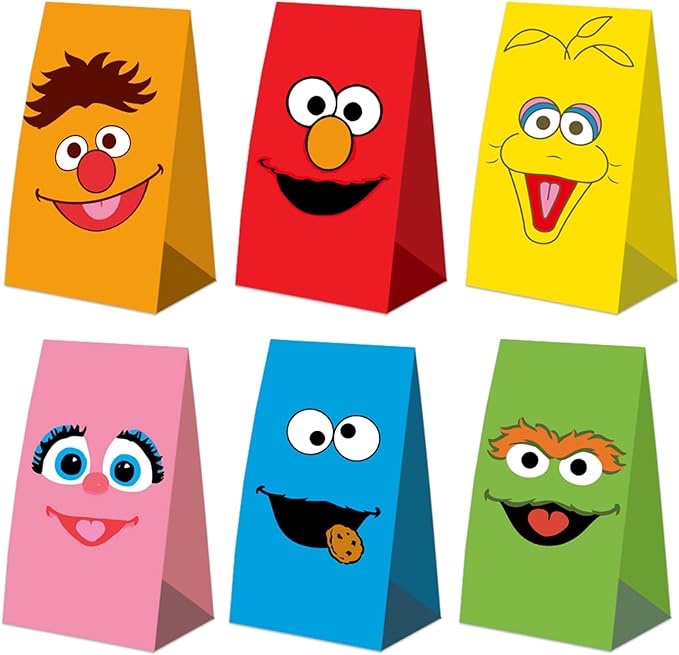 WDWXK 24PCS Anime Party Gift Bags with 24PCS Cute Stickers for Sesam Friends Street Party Supplies,Party Favor Goody Treat Gift Bags for Kids Boys Girls Party Decorations