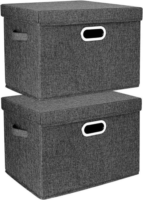 TYEERS Large Storage Box with Lid, Collapsible, Washable, Fabric Storage Box for Clothes, Wardrobe Storage, 44x30x29 cm, Set of 2, Black