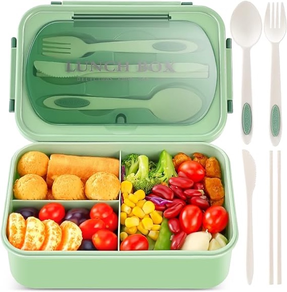 MYSEXY Bento Lunch Box for Kids and Adults with 3 Compartment Leak Proof Lunch Boxes for Men Women Food Containers with Spoon Fork Knife Chopsticks - 1400 ML (Green)