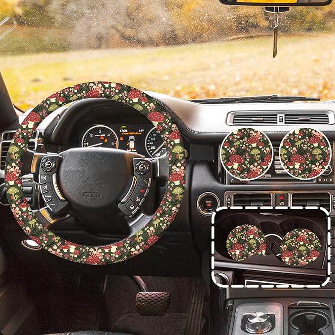 Mushroom Steering Wheel Cover with 2Pcs Car Coasters for Women, Universal 14.5-15 inches Mushroom Cute Steering Wheel Cover Green Fashion Car Accessories for Women Men