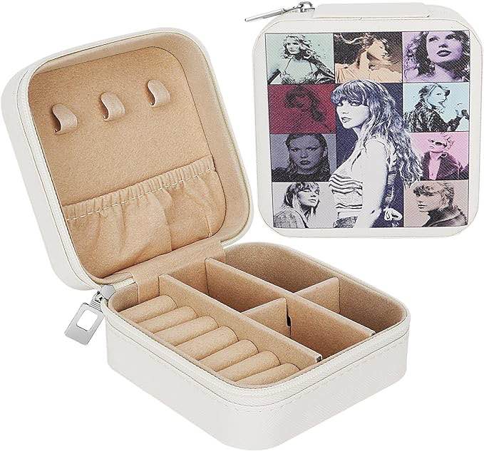 Taylor Merch Jewelry Box, Albums & Eras Tour Inspired Small Travel Jewelry Case for Swift Fans, Music Lover Gifts Travel Jewelry Box for Earrings Bracelet (Style 1)
