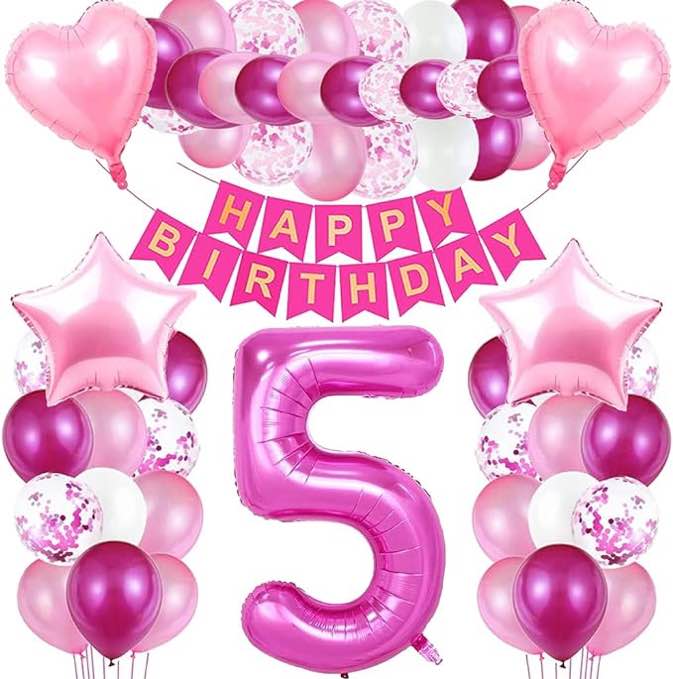 iWheat Balloon 5th Birthday Pink, Birthday Decoration 5 Year Girl, Giant Foil Balloon 5 Pink, Decoration 5th Birthday Girl, Balloon 5 Decoration for Birthday, Foil Numbers Balloons 5, Banner