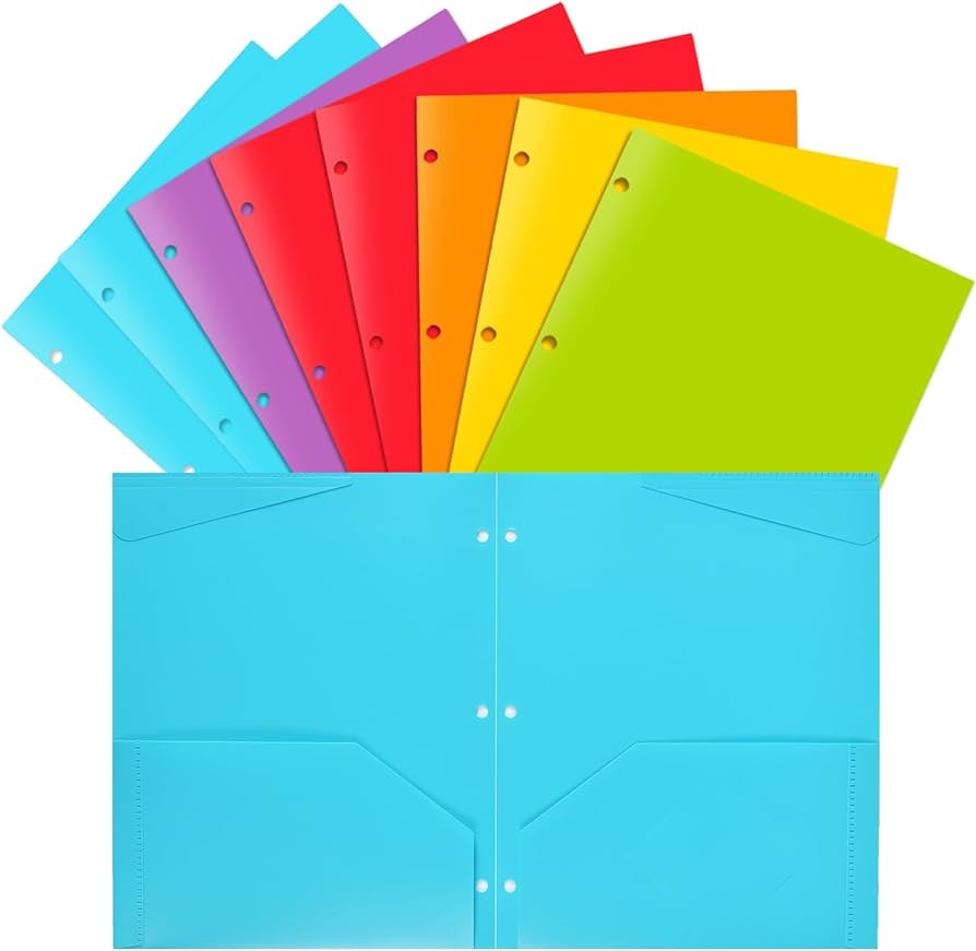 Heavy Duty Plastic 2 Pocket Folders with 3 Hole - 8 Pack, 6 Assorted Colors Plastic Folders with 2 Pockets and Business Card Slot, Keeps Letter Size Paper for School, Home, and Work