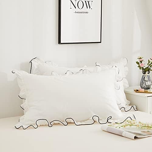 TEALP White Ruffle Locking Edge Pillow Shams 100% Polyester Soft and Comfortable Bedding Pillowcases with Envelop Closure 20x30Inch Set of 2