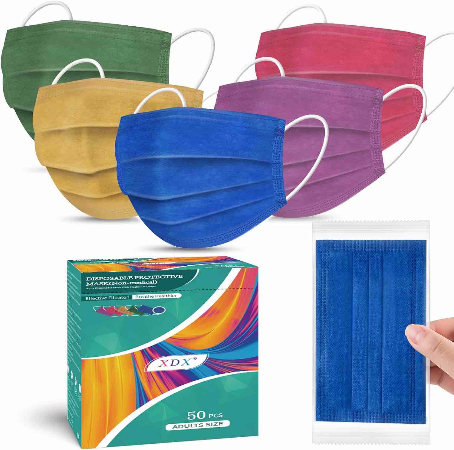 XDX Disposable Face Masks Individually Wrapped, 4-Ply Protective Breathable Multicolored Design for Adults, 50PCS Face Mask for Women Men (5 Colors)