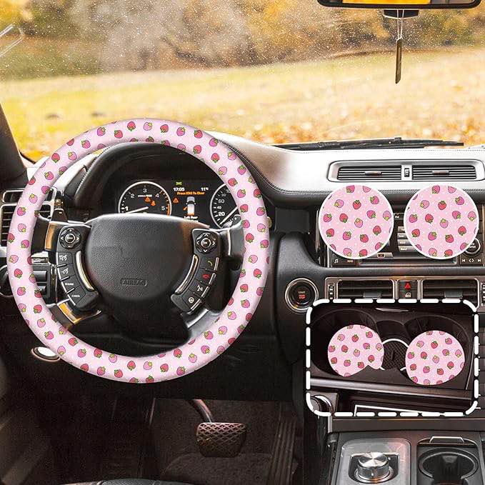 Strawberry Steering Wheel Cover with 2Pcs Car Coasters for Women, Universal 14.5-15 inches Cute Pink Strawberry Steering Wheel Cover Fashion Car Accessories for Women Men