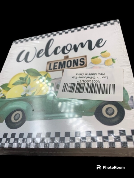 Lemons Welcome Decorative Wooden Box Sign Welcome Lemon Gnome Wood Block Plaque Decor Black and White Check Farmhouse Home Shelf or Wall Display 5x5 Inches