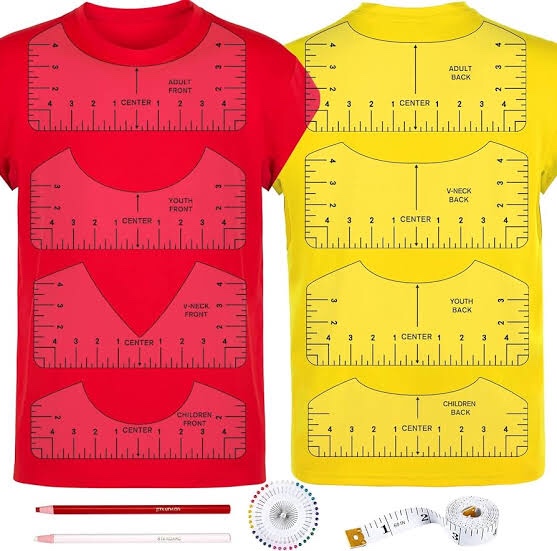 12Pcs Tshirt-Ruler Guide for Vinyl Alignment, for Heat Press, Transparent V-Neck/Round PVC Ruler for Children Youth Adult, Front and Back Measurement