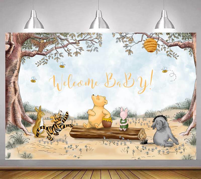 Classic Winnie the Pooh Backdrop — Welcome Baby Design Photography Background — Pooh Baby Shower Supplies — 60 x 40 Inches Banner for Kids Birthday Party Indoor/Outdoor Living Room Yard Decorations (Design May Vary)