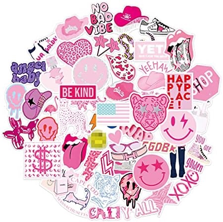 52Pcs Preppy Smile Happy Face Bolt Vinyl Sticker Party Supplies Cowgirl Vinyl Waterproof Sticker Aesthetic Stickers Decor Pink Party Mobile Phone Stickers for Laptop Water Bottle Potion Bottle