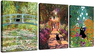 Roslynity Framed Funny Black Cat Wall Art Set of 3 Canvas Print Artwork Cat Lover Poster Gift Cute Aesthetic Monet Klimt Van Gogh Ready to Hang for Living Room Bedroom Decor (12"x16" FRAMED)