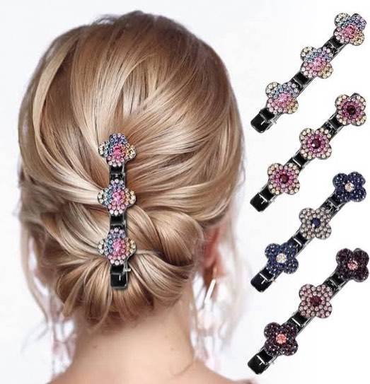 4PCS Sparkling Crystal Stone Braided Hair Clips, Hairpin Duckbill Clip with 3 Small Clips, Multi Clip Hair Barrette,Braided Hair Clip with Rhinestones for Women/Girls (2PCS, Four-Leaf Clove-D)