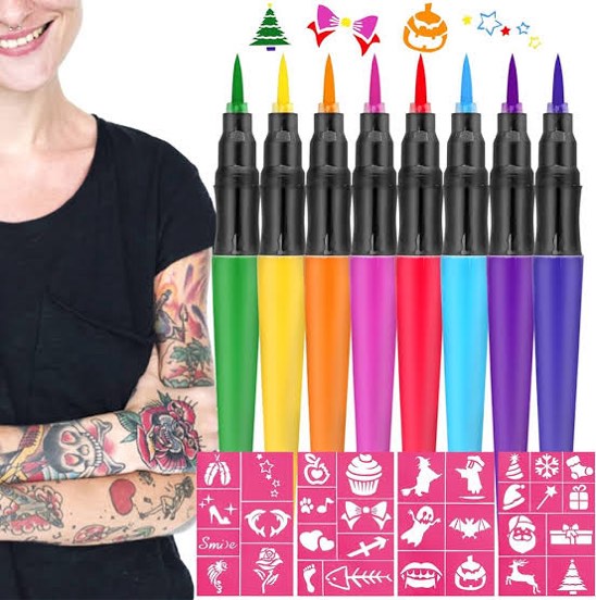 8 Pcs Temporary Tattoo Markers for Skin, Colored Ink Face Paint Fine Tip Markers, Removable Tattoo Body Markers Paint Markers Set Body Art Paint Tattoo Pen Kit for Birthday, Cosplay