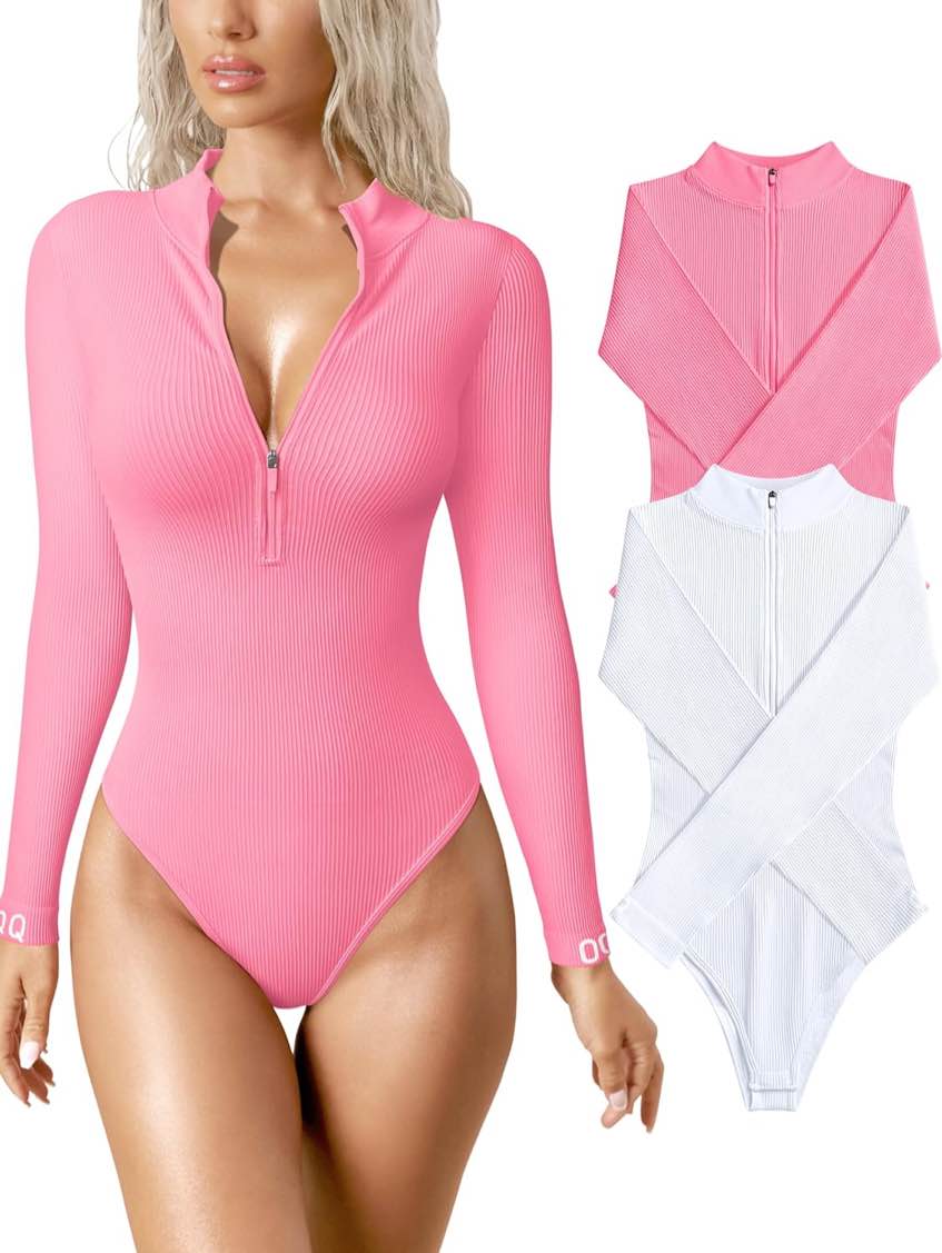 TOB Women's 2 Piece Bodysuits Sexy Ribbed One Piece Zip Front Long Sleeve Tops Bodysuits Hide pink White (Large)