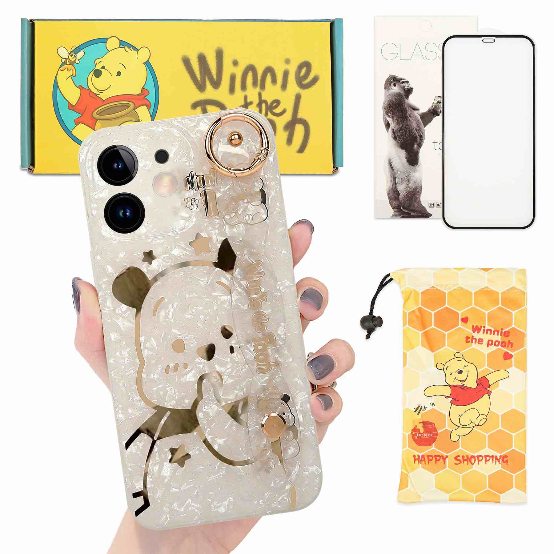 Cartoon Case for iPhone 15 6.1" with HD Screen Protector, Cute Winnie with Wrist Strap Kickstand Soft TPU Shockproof Protective Cover for Girls Women with Phone Storage Bag