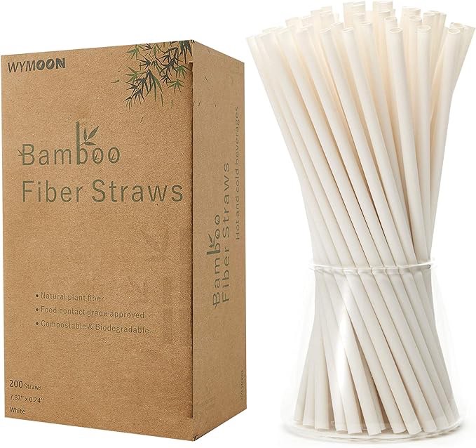 Biodegradable Bamboo Fiber Straws | 200 PCS 7.8'' Compostable Eco-Friendly Drinking Straws Disposable | Durable for Hot & Cold Drinks