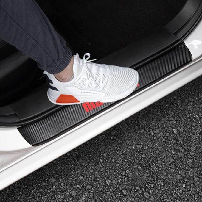 LEXLEY for Ford 2022 2023 Maverick Carbon Fiber Style Leather Door Sill Protector Anti-Dirty Scuff Plate Cover Guard Sills Protector Trim,Welcome Pedal Protect 4PCS -RED