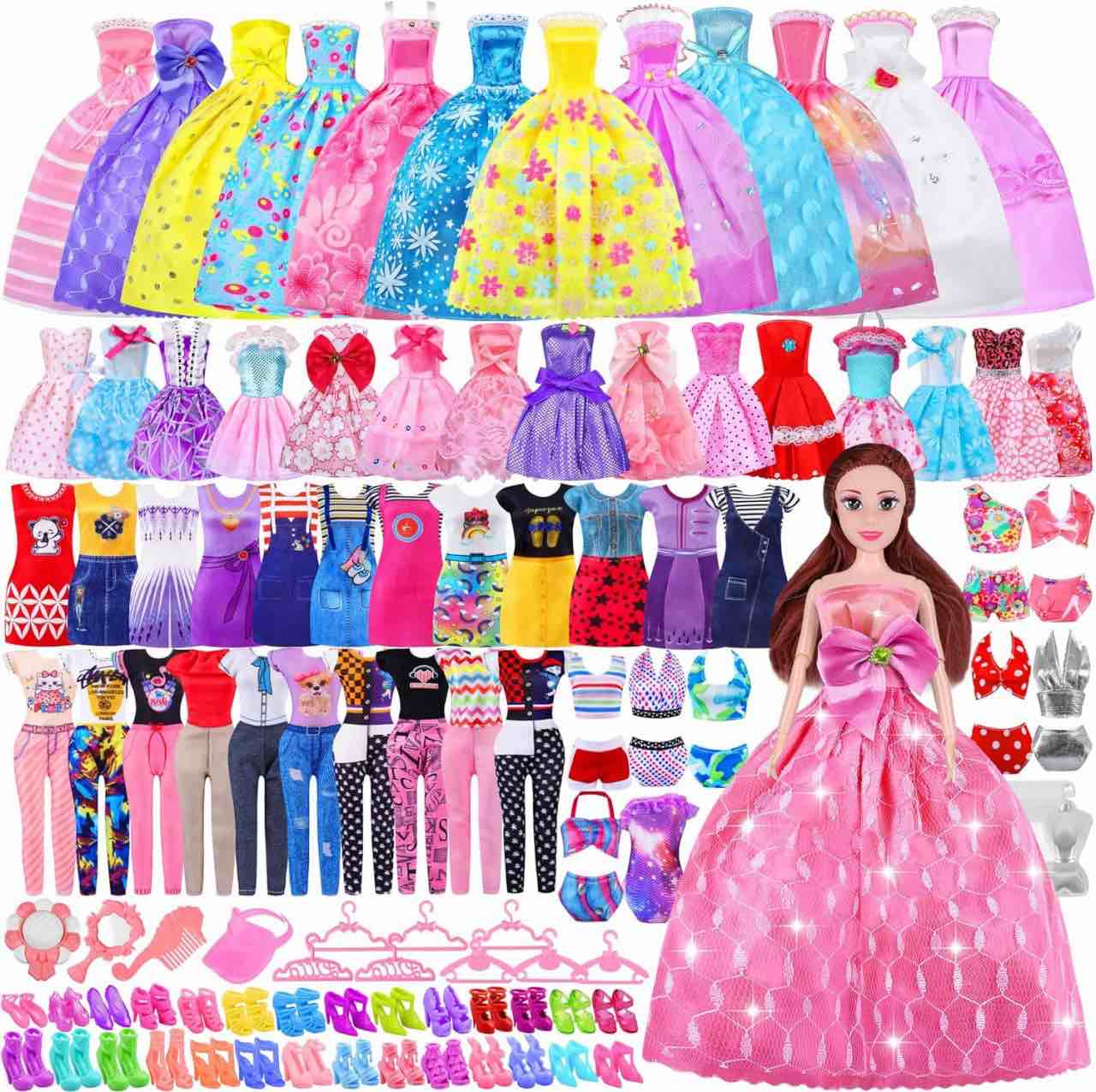 87 Doll Clothes and Accessories with Doll Closet Wardrobe for 11.5 Inch Doll Fashion Design Kit Girl Doll Dress Up Including Wedding Dress Outfits Tops and Pants Shoes Hangers Bags Lipstick Perfume