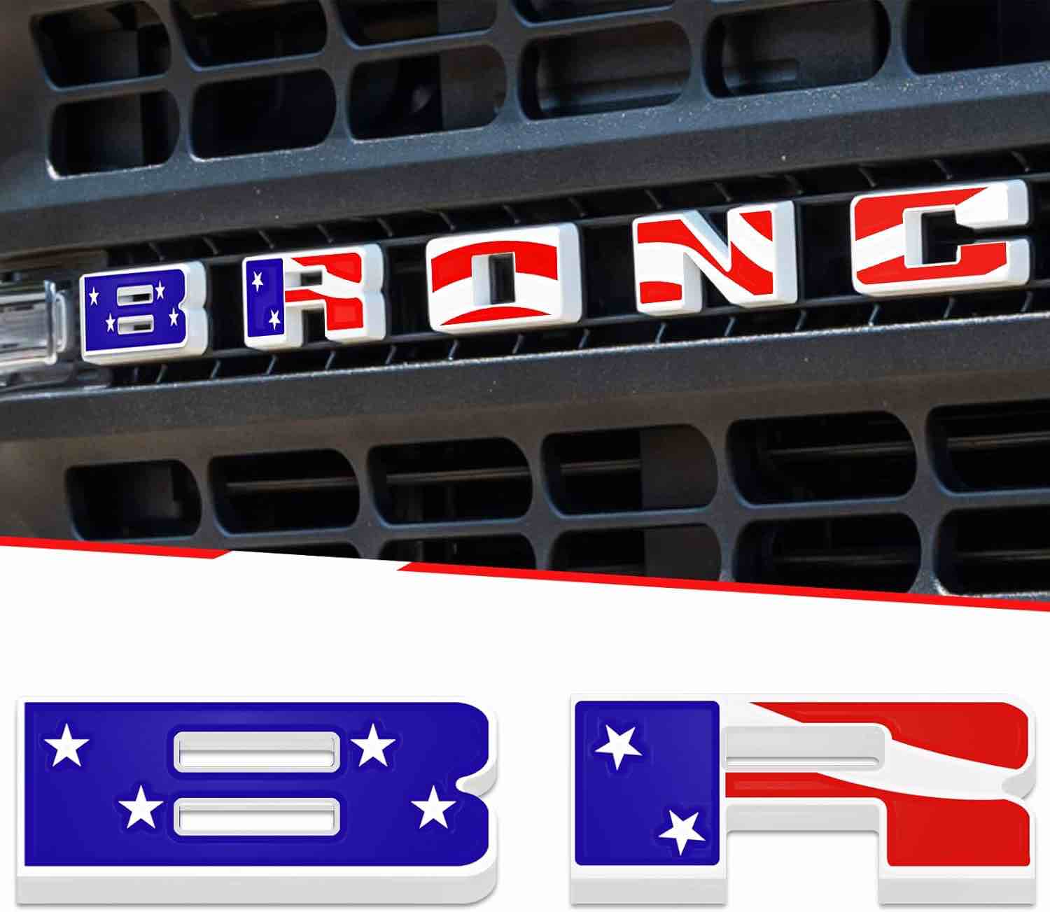 Grille Outlines Letter Overlays Compatible for 2021 2022 Bronc 2/4 Door - Front Grille Emblem Trim Cover, Protective ABS Letter Decoration Cover Exterior Accessories, Not for Sport (American Flag)