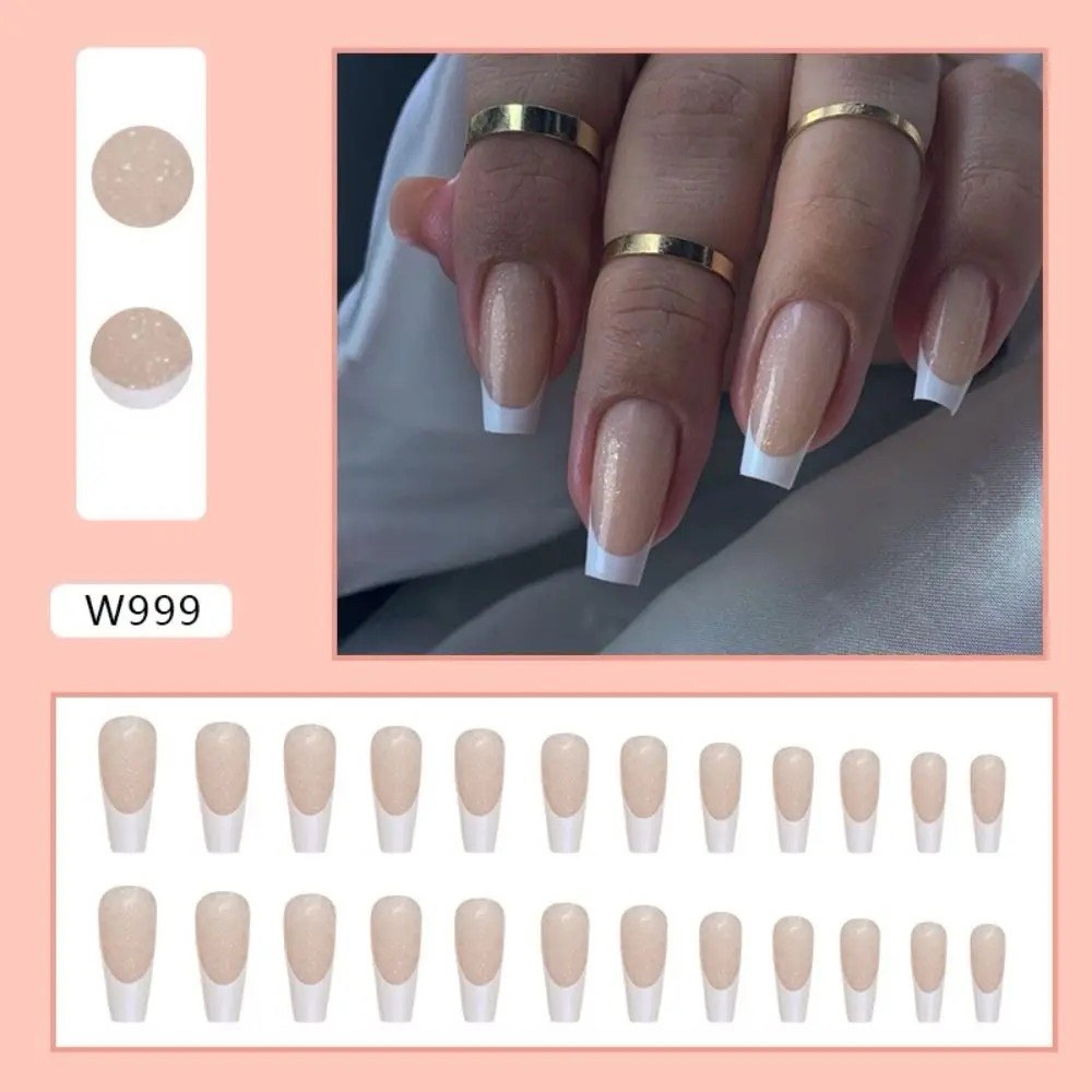Cute Press on Nails Medium Short Square Fake Nails French Tip Fall Nails Short False Nails with Nude White Designs Glue on Nails Glossy Full Cover Artificial Stick on Nails for Women Girls 24pcs W999