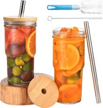 SYOUACEND 2 Pack 24oz Glass Tumbler Cup with Bamboo Lid and Straw, Reusable Mason Jar Drinking Glasses Iced Coffee Cup, Wide Mouth Glass Bottle for Bubble Tea, Smoothies, Juice, with 2 Cleaning Brush