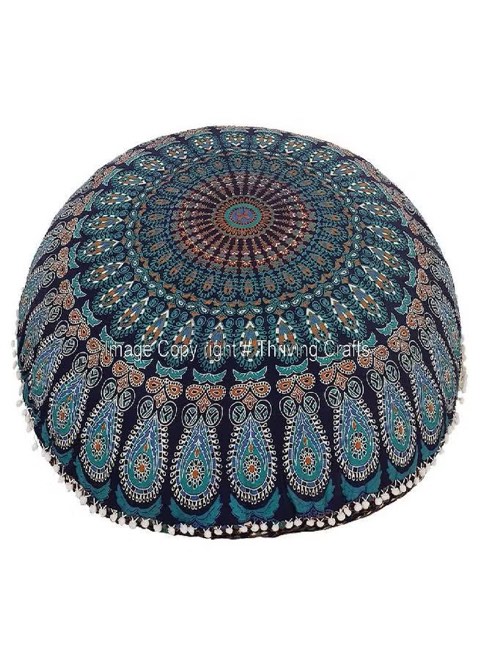 THRIVING Peacock Manadala Cotton Handmade Floor Cushion Cover Round Pillow Cover Decorative Mandala Pillow Sham Bohemian Ottoman Poufs Case Outdoor Cushion Cover Pet Dog Bed Kitchen Pouf