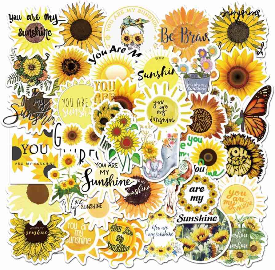 LUKAP 50 Pack Sunflower Stickers Cute Waterproof Sunflower Sticker for Laptop Water Bottles Luggage Walls Phones Diary Gift Box Vinyl Yellow Flower Sunshine Decorative Decals Kids Teens Adults