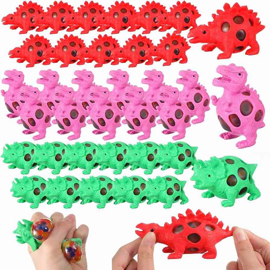 Sumind 36 Pcs Dinosaur Stress Balls for Kids with Water Beads Sensory Exercise Squeeze Ball Squishy Dinosaur Fidget Toys for Stress Relief, Red Green Brown