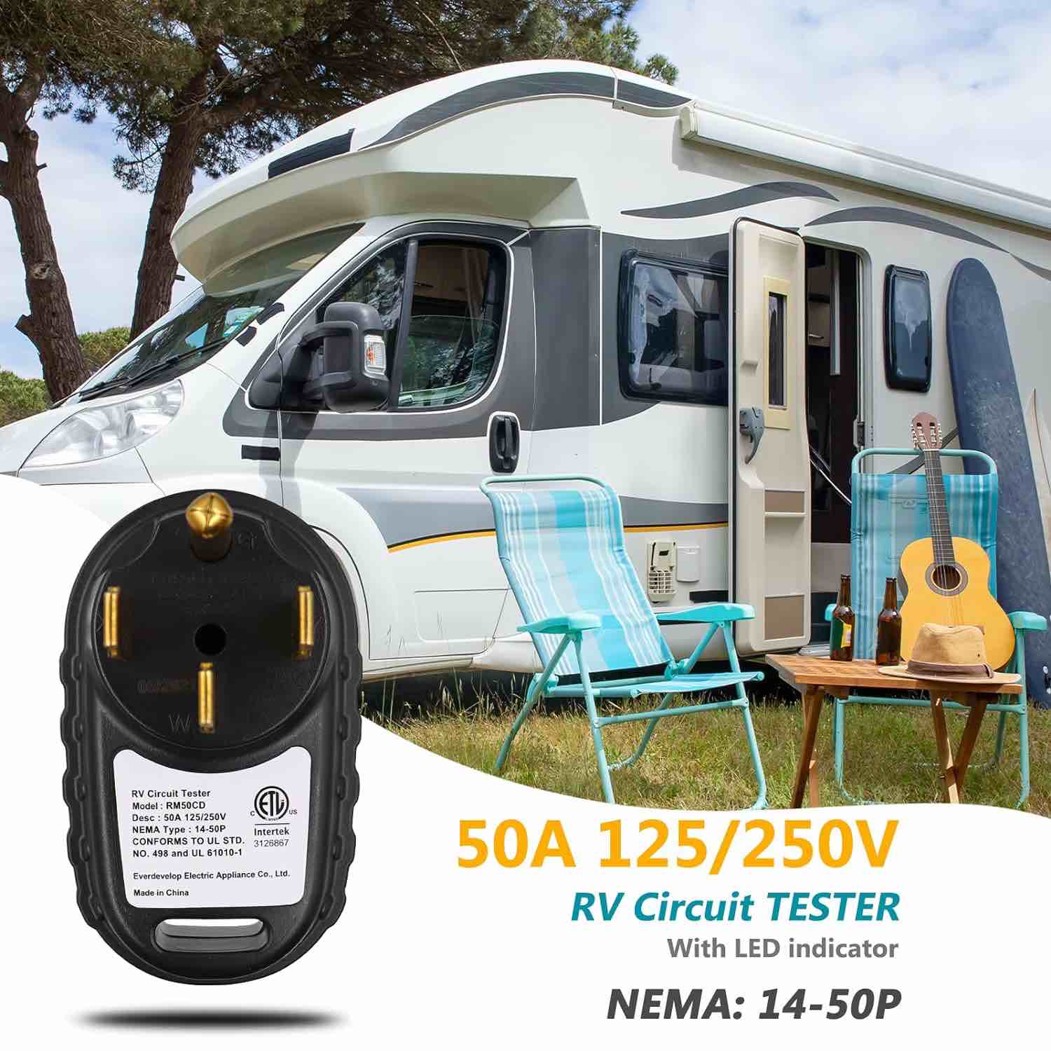 14-50P RV Circuit Analyzer Tester for RV 50A 125V/250V RV Pedestal Tester 14-50P RV Power Circuit Tester with LED Indicator Light Tester, 50Amp RV Receptacle for RV Camper, Travel Trailers (ETL Listed)