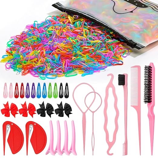 79style 1000 Pieces Colored Rubber Bands Cutter, Small Hair Elastics, Baby Girls Hair Ties, No Damage Hair Bands Remover Braiding Tools, Topsy Styling Hair Accessories For Toddlers/Girls (Total: 1009 Pieces, Pink)