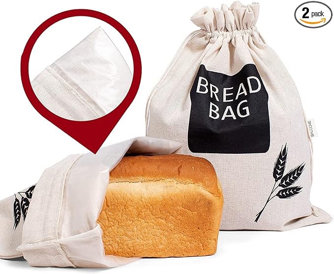 XFasten Reusable Bread Bags for Homemade Bread — 2-Pack Sourdough Bread Storage Bag with Ties (10.8 inches x 16 inches)
