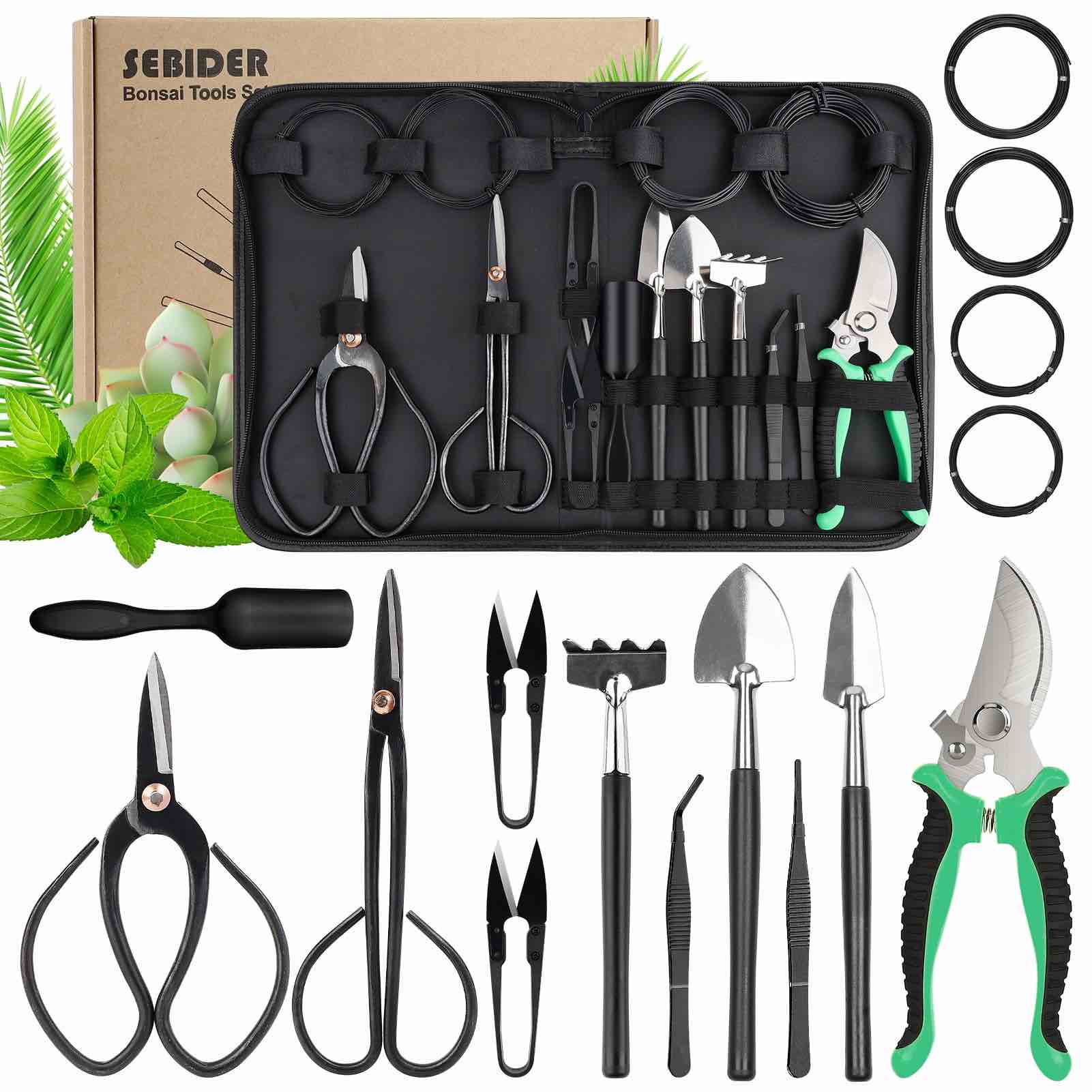 SEBIDER 16 Pieces Bonsai Tools Kit with Case, Carbon Steel Scissor Garden Plant Tools (YL116)