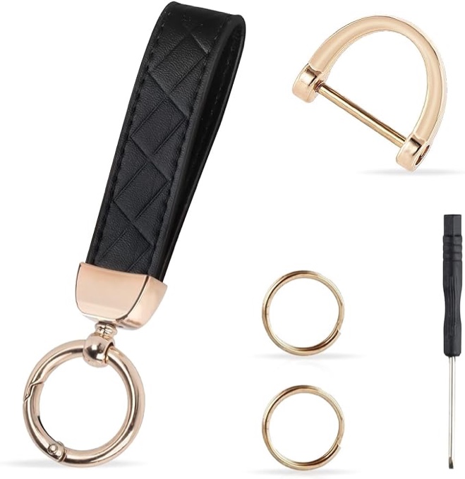 YoloFami PU Car Keychain, Unisex Keychain with Anti-Loss D-Ring, Car Key Accessories (Brown Flower Leather)