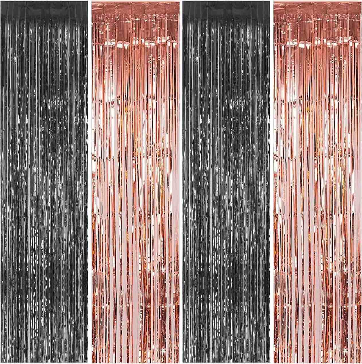 4 Packs 2 Black and 2 Rose Gold Foil Fringe Curtains, 3.2 ft x 8.2 ft Tinsel Curtains with Adhesive, Photo Booth Backdrop for Birthday, Graduation Party Decorations (Black and Rose Gold, 4pcs)