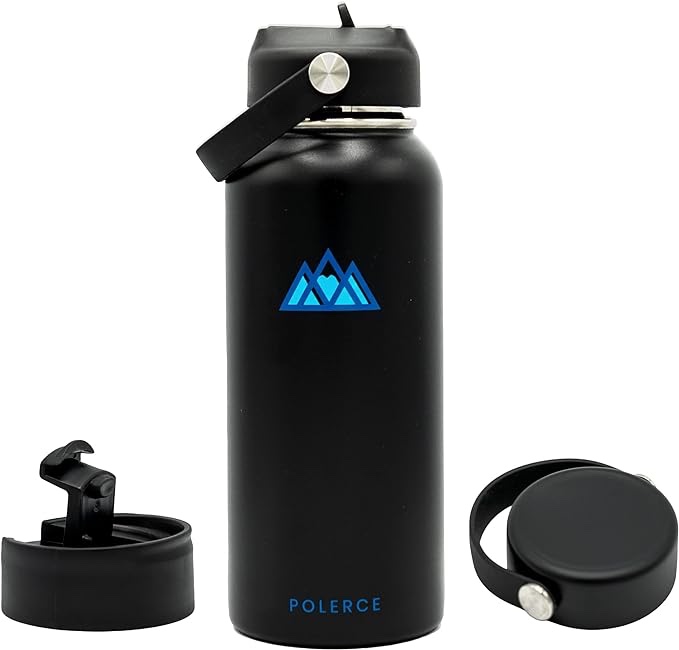 32 Oz Vacuum Insulated Bottle with 3 Lids - Flex Straw Lid, Flex Lid, and Coffee Flip Lid - Stainless Steel Double Wall Thermally Insulated Flask - 5 Colors - by Polerce (Black)