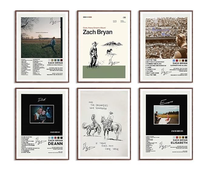 Usspo Zach Bryan Music Album Cover Poster Print Canvas Wall Art Limited Signed Deann Poster Room Aesthetic Set of 6 Dorm Decor 8x10 inch Unframed