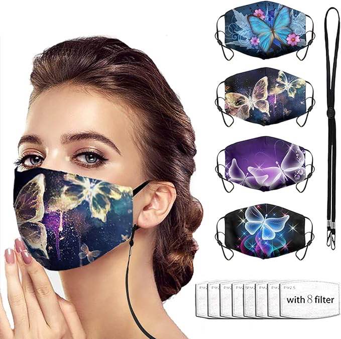 FUWA9PAN Fashion Butterfly Cloth Face Mask Washable Reusable for Women, Cute Cotton Adjustable Face Masks Cover Protection with Filter Pocket & Lanyard 4 PCS
