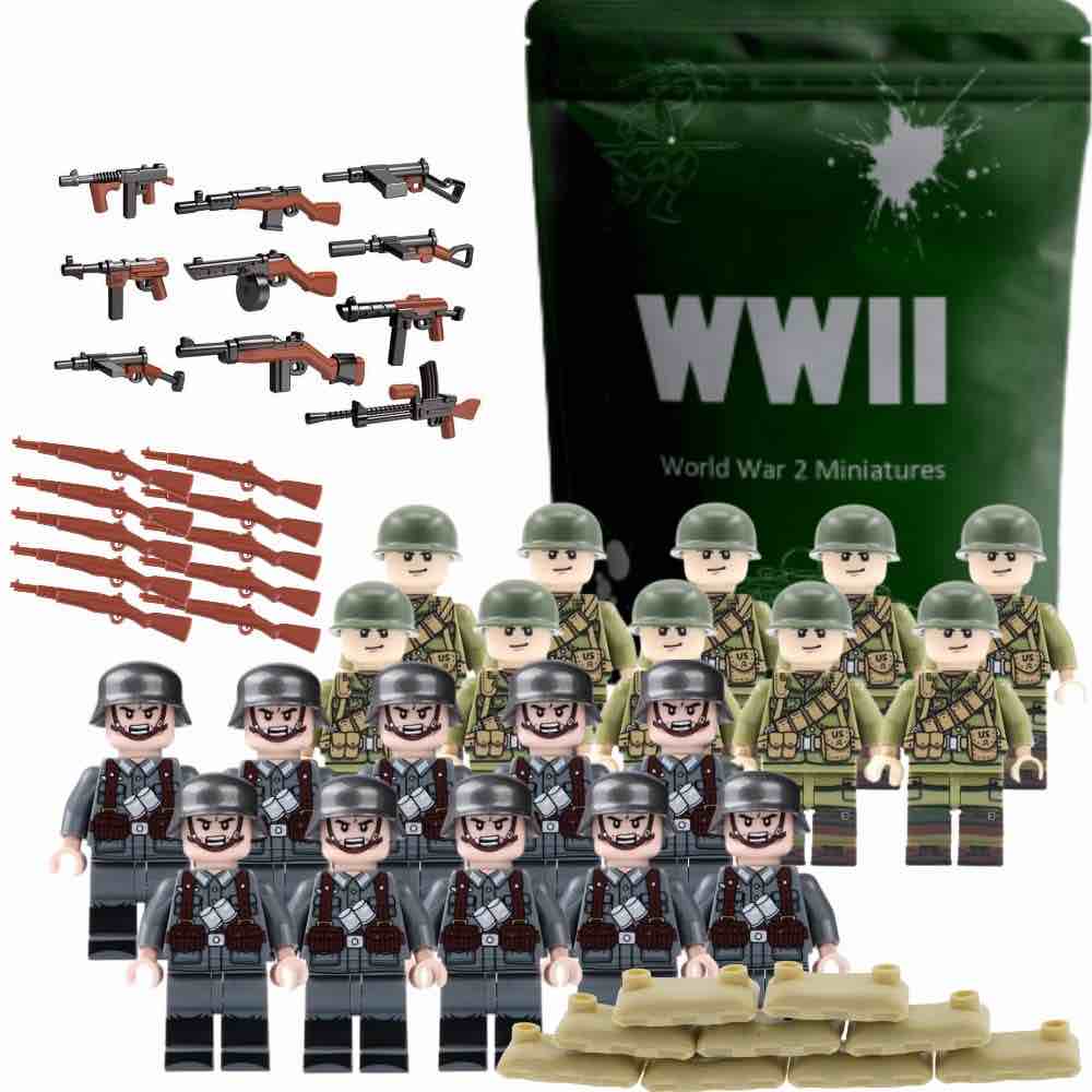 WW2 Toy Soldier Figures American vs German Army Battle Playset (50 pcs) - World War 2 Building Block Toy Military Set US and German Armies, Weapons, Sand Bags (B)