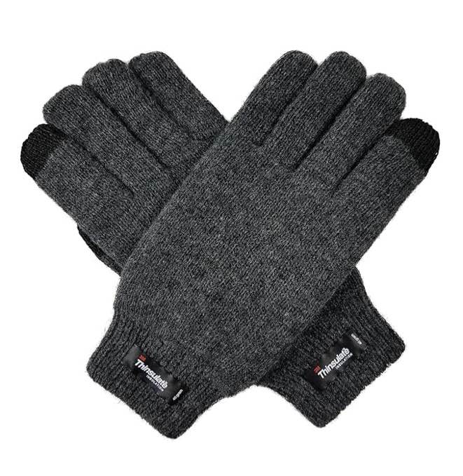 BRUCERIVER Men Pure Wool Knit Gloves with Thinsulate Lining and Elastic Rib Cuff Size S/M (True Black Touchscreen)
