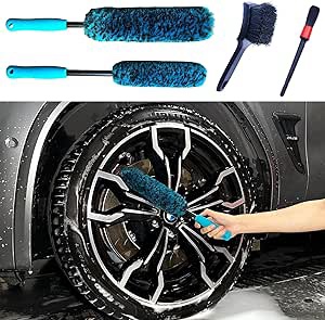 oesee Professional 4-Pack Long Handle Wheel Brush Kit for Cleaning Wheel and Tire — 2X Soft Wheel Cleaning Brush, Detailing Brush and Stiff Tire Brush, Bendable& Durable Wheel Rim Cleaner Brush Set
