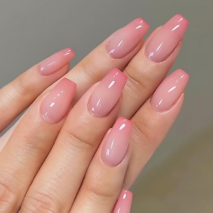 French Tip Press on Nails Short Coffin Fake Nails Press ons Pink Full Cover Acrylic Nails Glossy Stick on Nails Artificial False Nails for Women