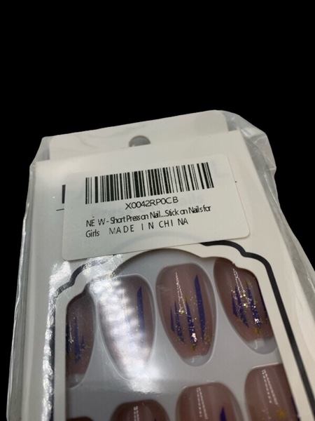 Short Press on Nails Coffin Acrylic Nails Press ons Blue Lines Golden Glitter Glue on Nails Pink Full Cover Fake Nails Glossy Artificial Stick on Nails for Girls