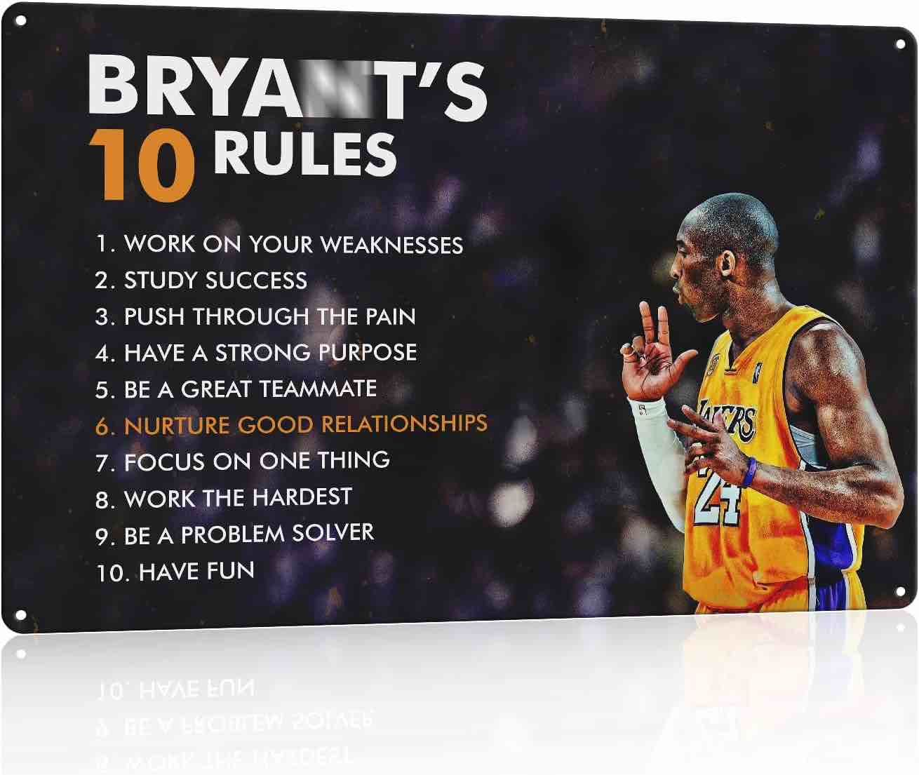 Bryant's 10 Rules - The Champion’s Mindset Motivational Basketball Metal Print Poster. Sports Poster Wall Art for Home,Office,Locker Room,Gym Décor. a Champions Rules to Be Your Best! - 12 x 8 in