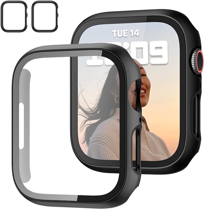 RIDAINTY 2 Pack 45mm Screen Protector Case Compatible with Apple Watch Series 7 45mm, Hard PC Bumper with Tempered Glass Screen Protector, Super Slim All Around Protective iWatch Cover - Black Black