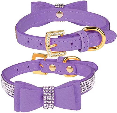 LOVPE Crystal Dog Collar/Cat Collar Velvet Leather with Bow-Knot Tie Rhinestone Puppy/Kitten Collars for Small Dogs & Cats (XS(Neck for:8-10 Inch), Purple)