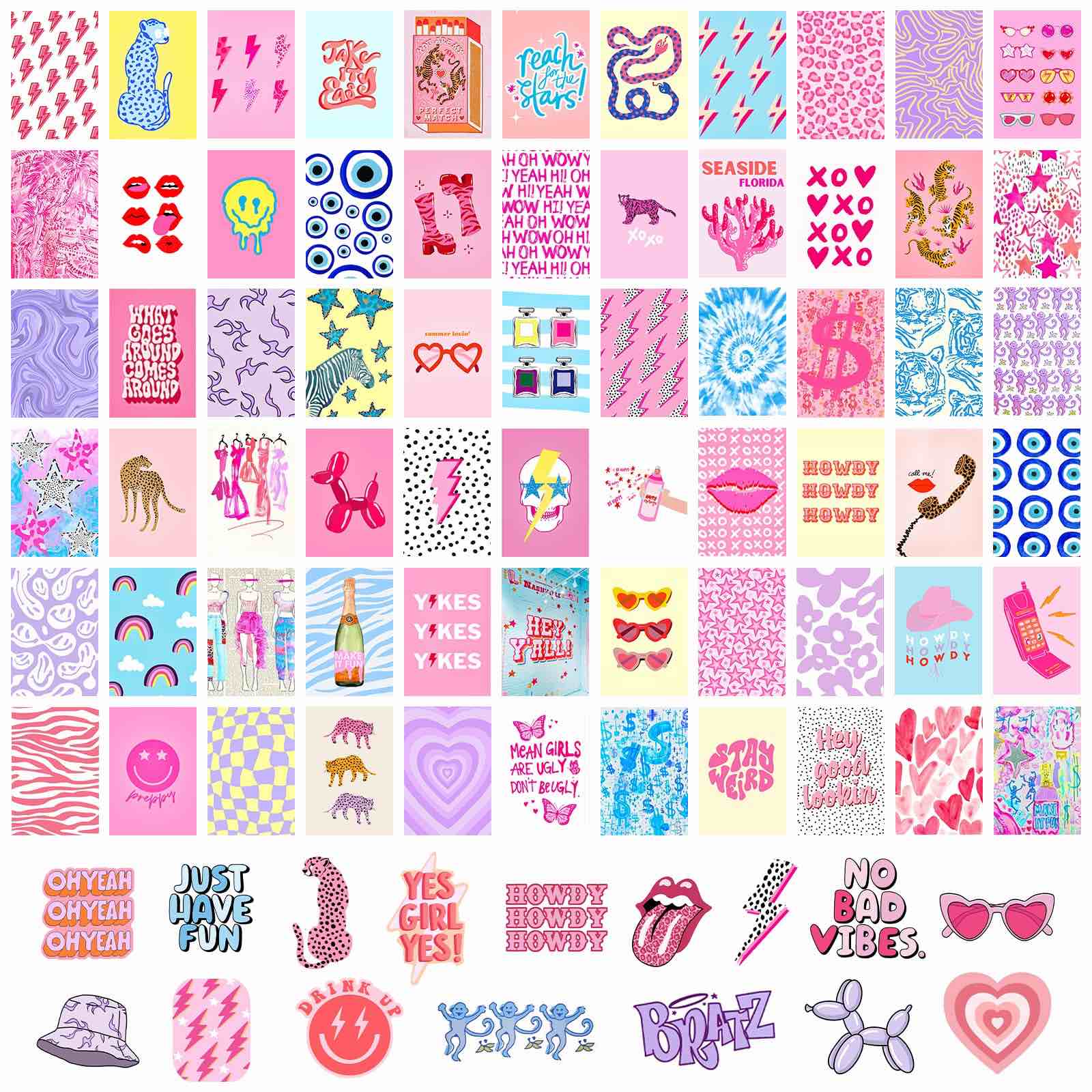 KOSKIMER Preppy Wall Collage Aesthetic Pictures Kit — 70 Set 4x6 Inches Aesthetic Preppy Room Decor, Trendy Pink Photo Collage Kit, Cute Posters for Dorm Bedroom, Preppy Things for Teen Girls