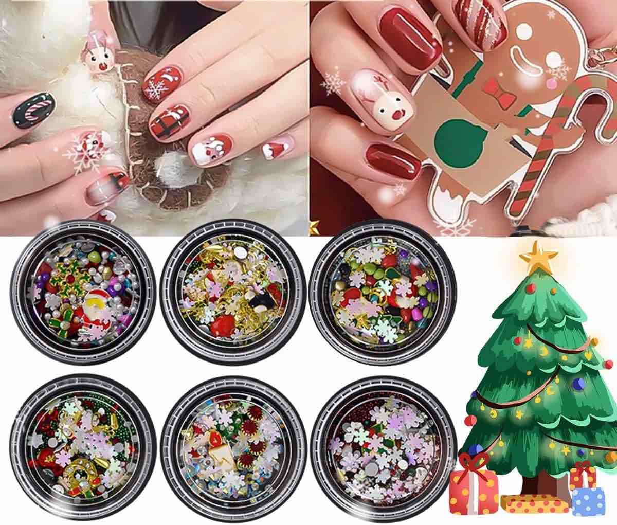 6 Pots Nail Glitter Nail Rhinestones Nail Art,3D Art Nail Decoracion Sequins Alloy Snowflake Christmas Trees,Nails Decoration DIY Accessories