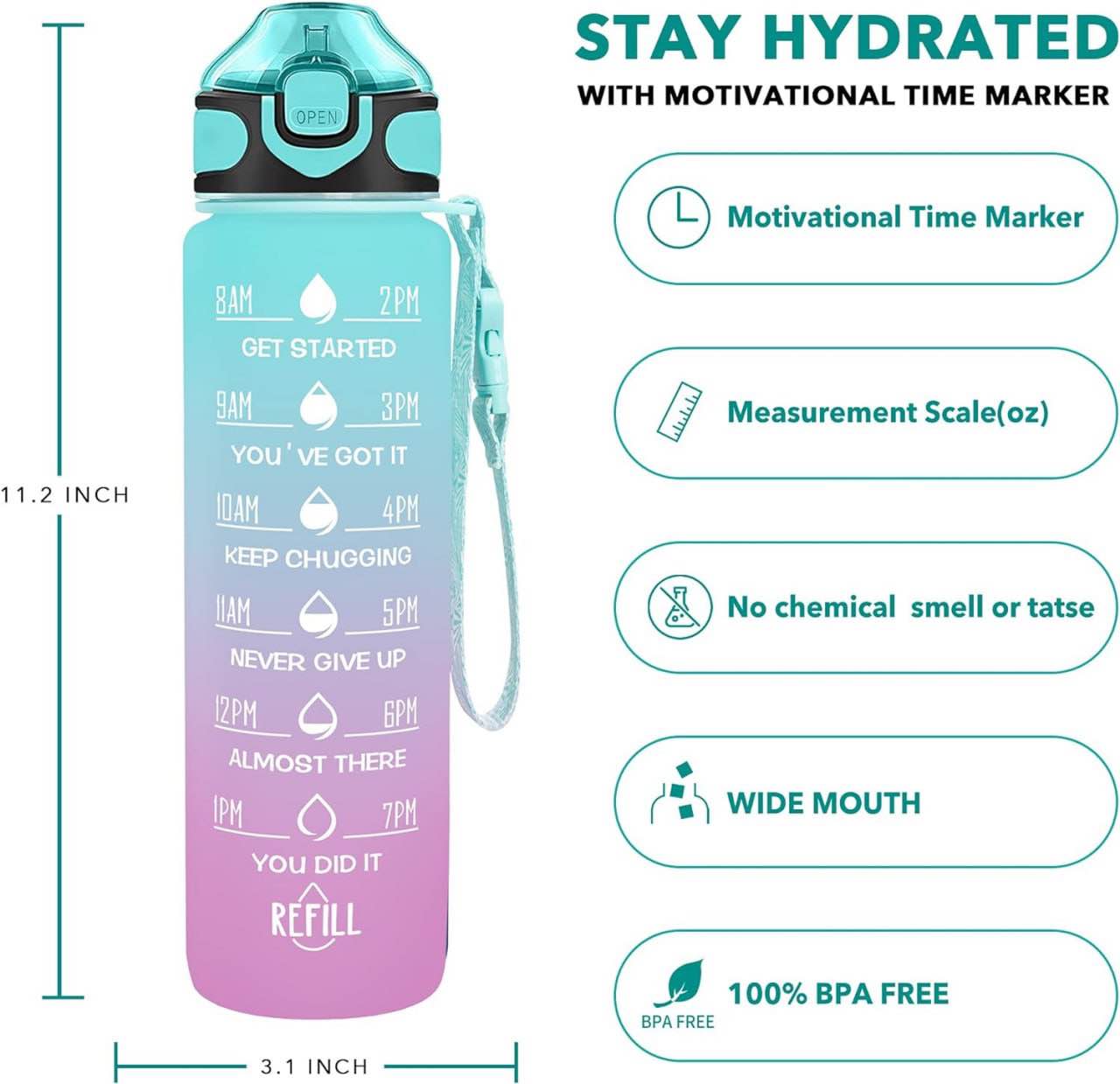 32 oz Water Bottles with Times to Drink and Straw, Motivational Water Bottle with Time Marker, Leakproof, Drinking Sports Water Bottle for Fitness, Gym & Outdoor. (Pink Blue Ombre)